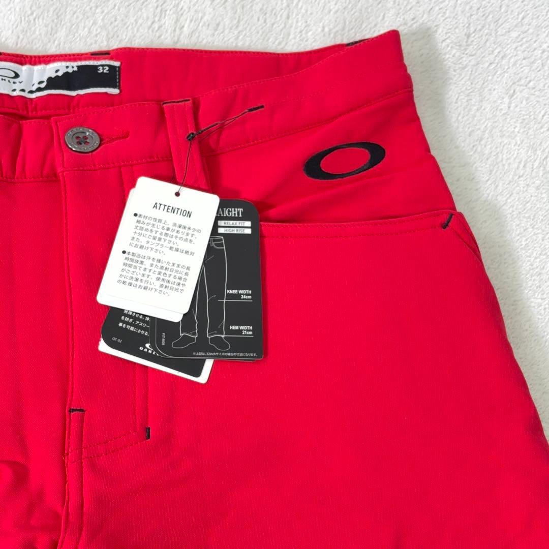 タグ付美品【OAKLEY】ゴルフパンツ 撥水 防寒 裏起毛 ロゴ刺繍 赤系 32