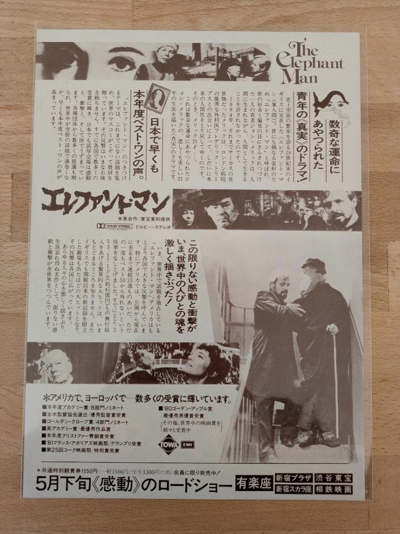 映画チラシ 80年公開 エレファント・マン ドラマ映画 B5版フライヤー