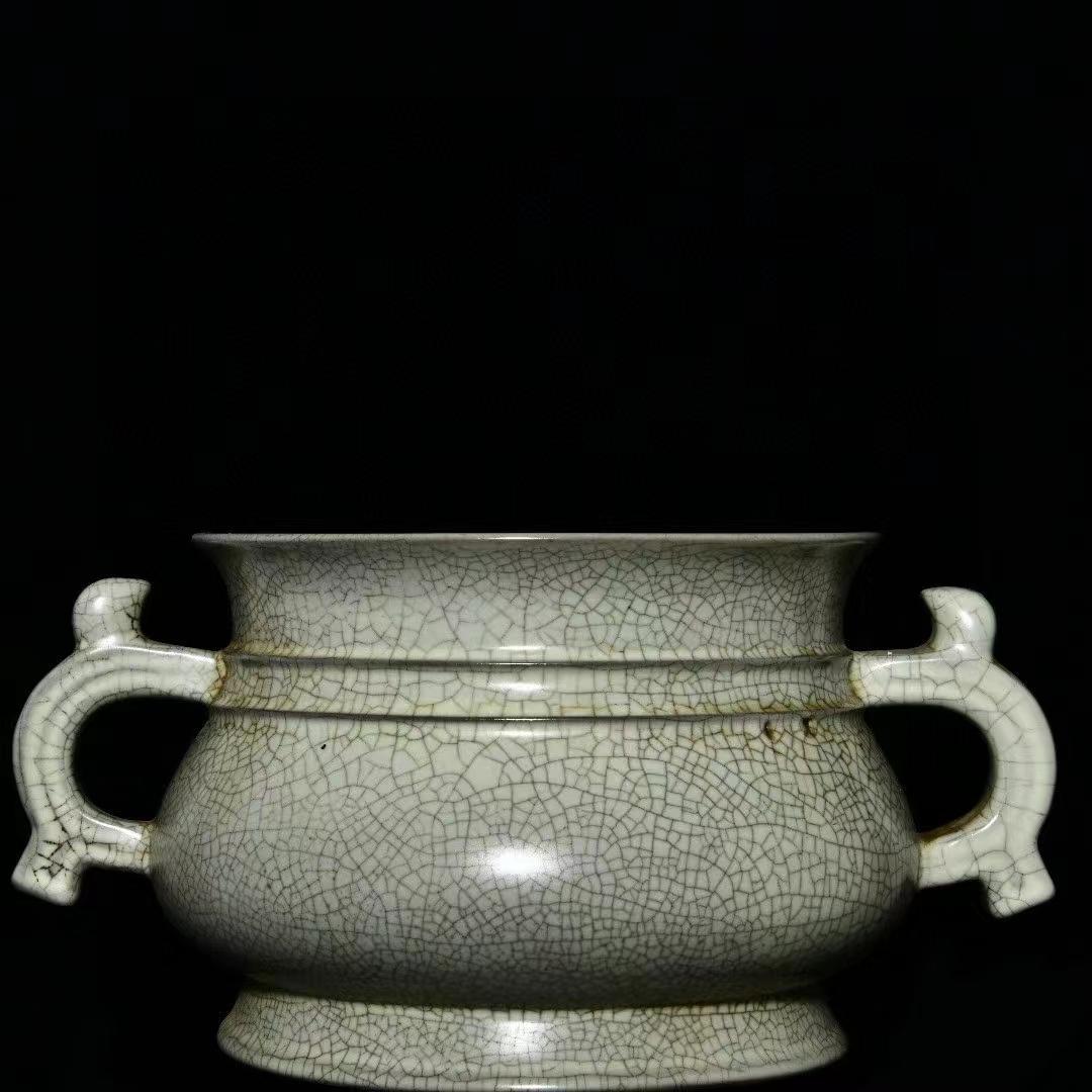 中国古美術・旧蔵の陶磁器双耳炉・12x25・茶道具・案頭・置物・文房具・香道具