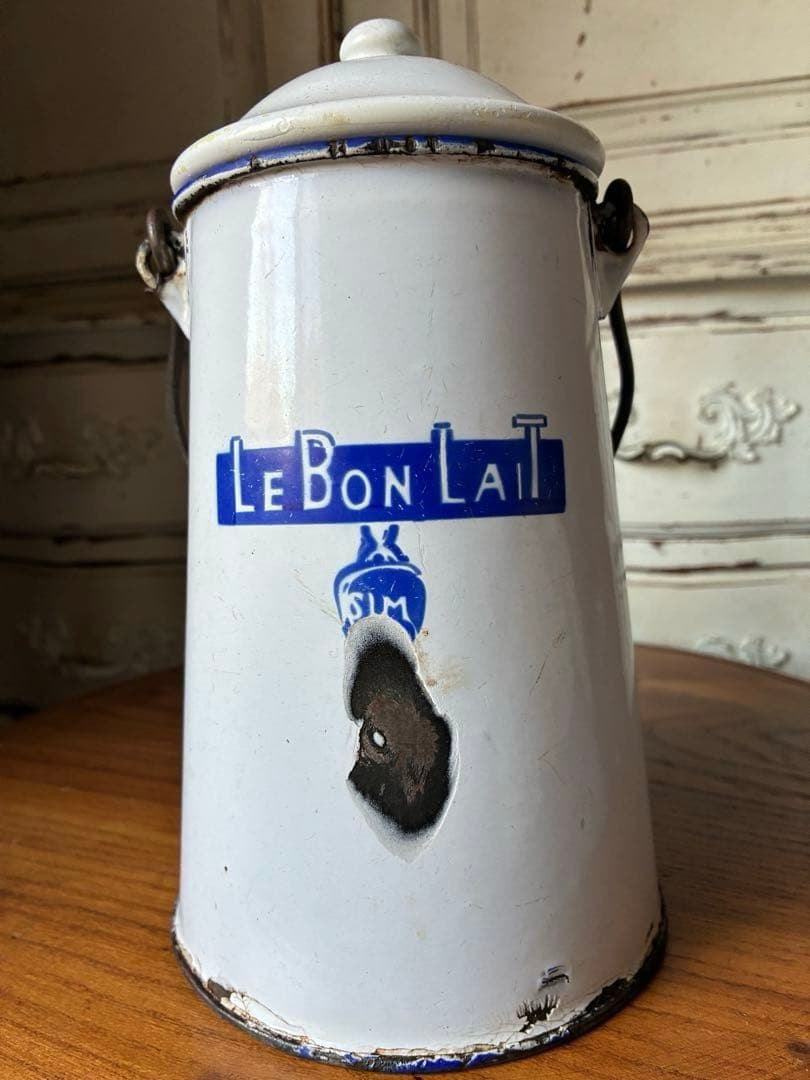 フランス　アンティーク ホーロー ミルク　ポット　キャリー 缶　Maggi青文字