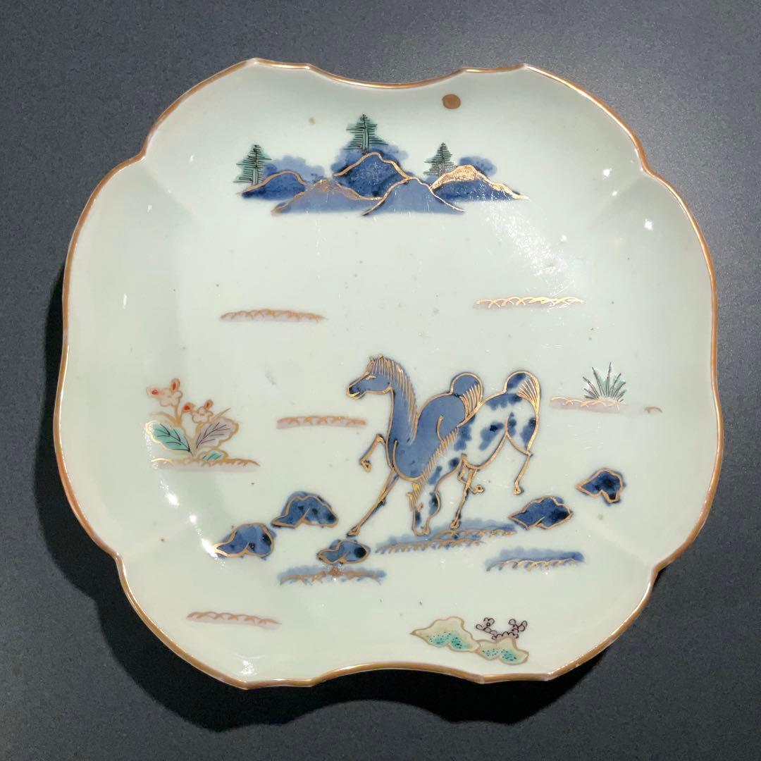 伊万里金襴手馬図変形皿　江戸　古伊万里　金直し　R0917w2ダH