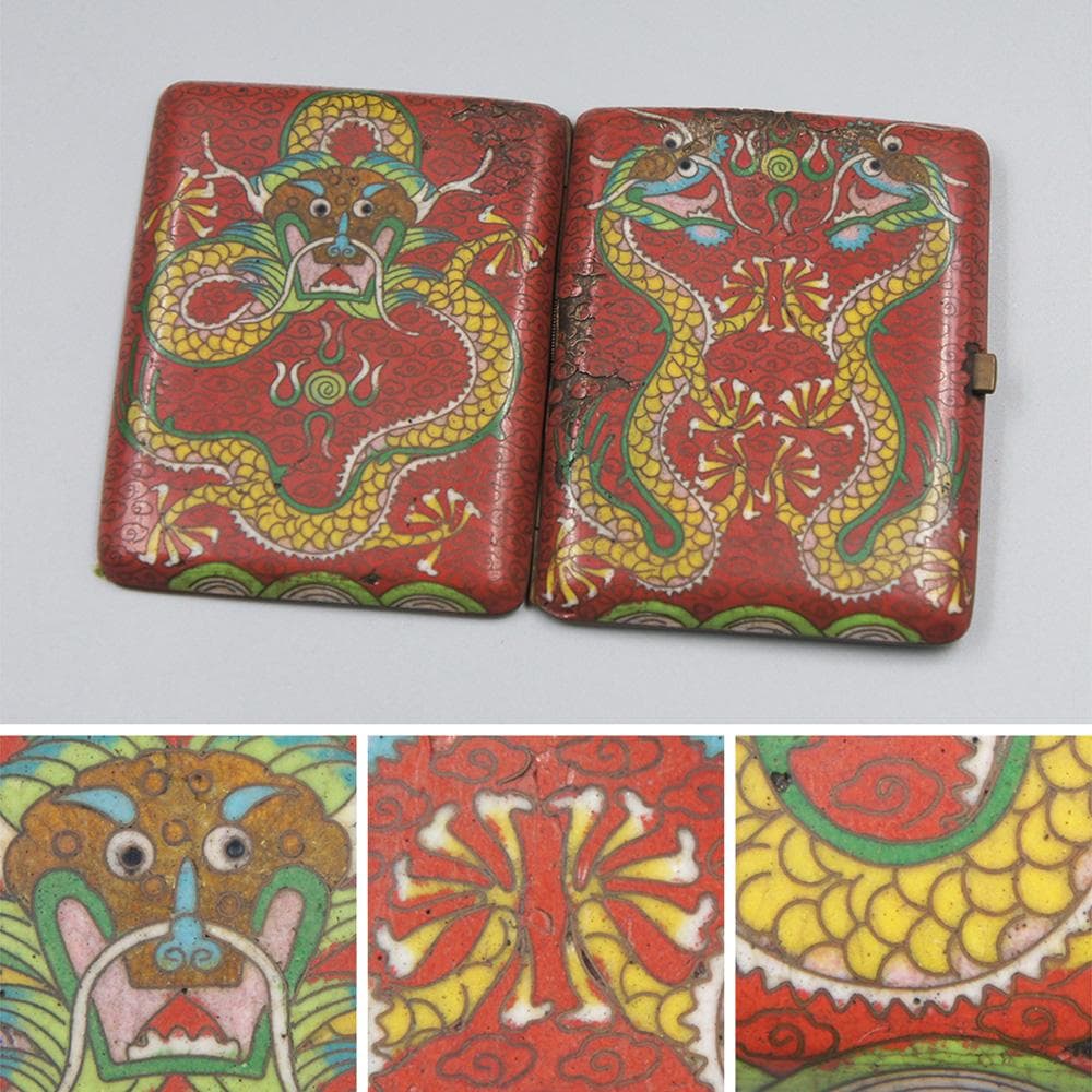 【琺】　★ 景泰藍 銅胎琺瑯彩金龍紋煙盒 ★　清代　双龍戯珠 七宝文様　文房珍玩