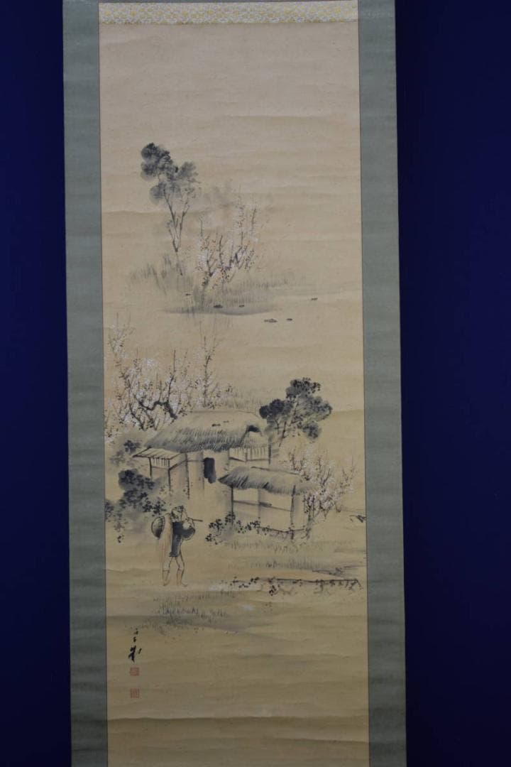 真作/里見雲嶺/梅花山水人物図/布袋屋掛軸HF-761