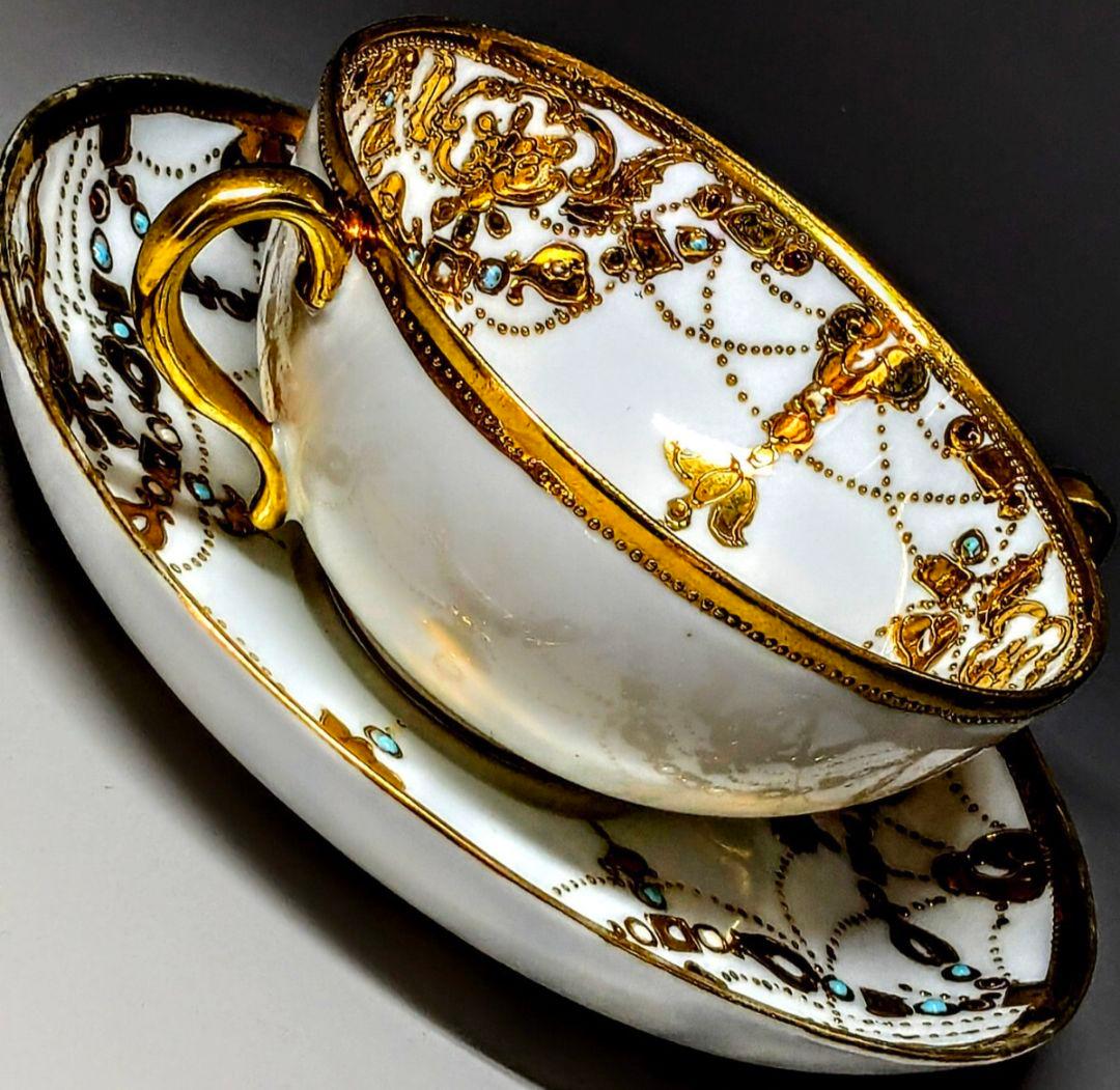 オールドノリタケ　　エナメルビジュー　金盛上　アールヌーボー　カップ＆ソーサー