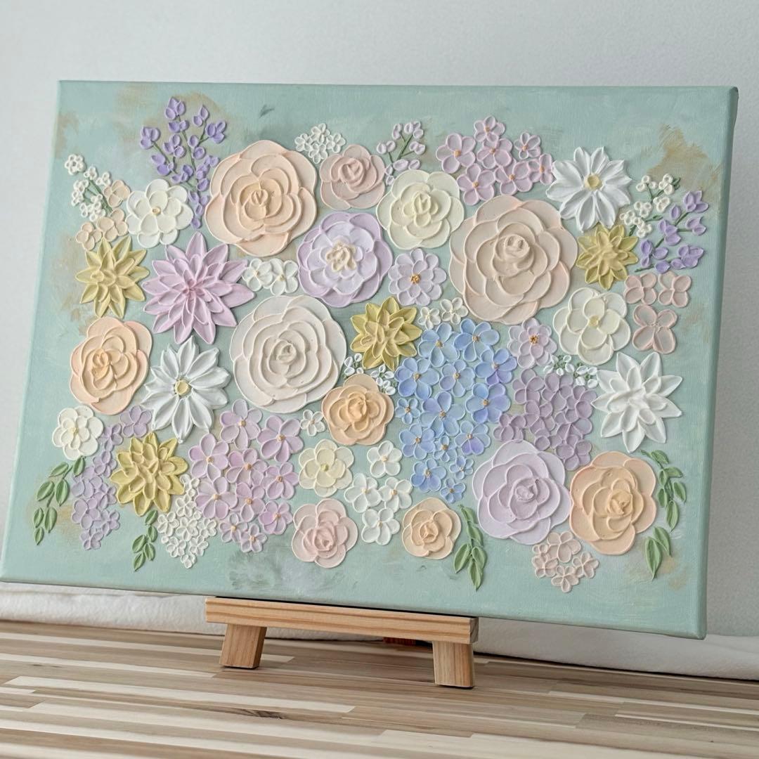 テクスチャーアート 花 インテリアアート 花畑 ブーケ フラワーアート グリーン