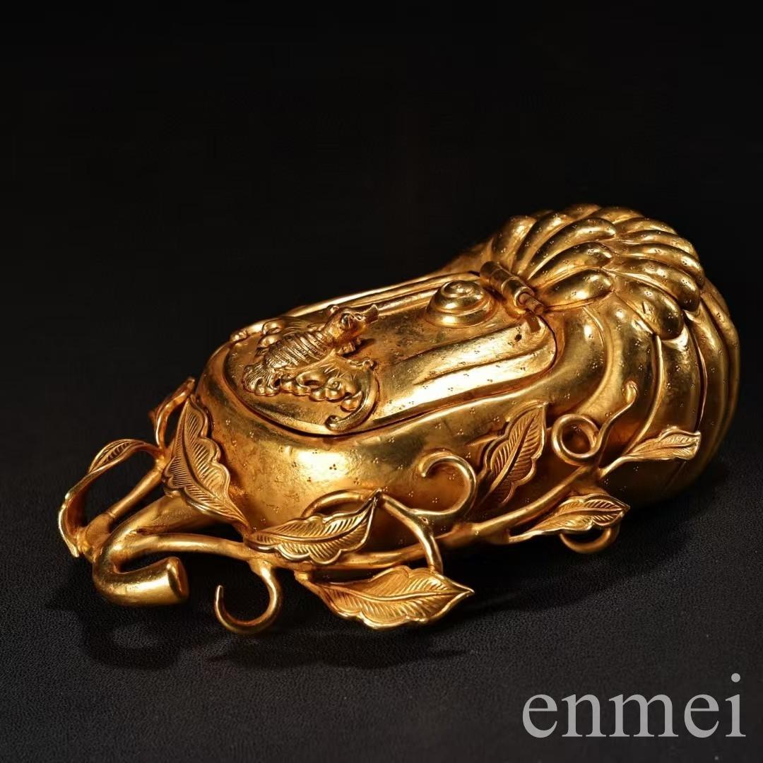 中国古美術・旧蔵鎏金の福瓜型文房筆洗水洗・純手作り・純銅製・置物・箱付き・案頭