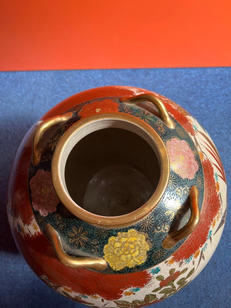 890 九谷焼 湖東 四つ耳付  花鳥　大壺 花入れ 花瓶　時代物