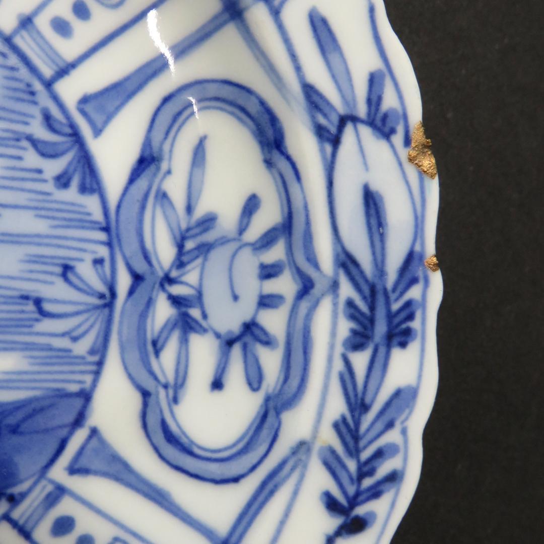 染付 小皿 皿 古伊万里 飛蝗文様 江戸 歪み 欠け 直し 芙蓉手 B傷多め