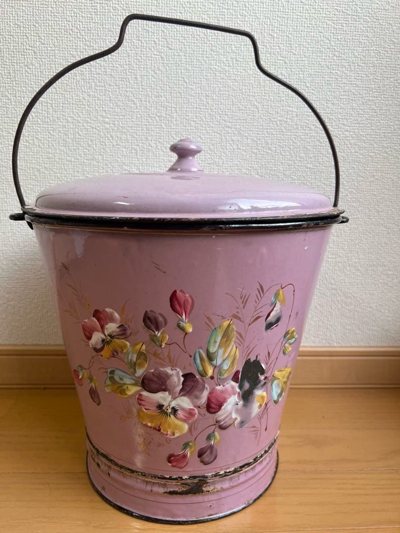 希少♡フランスアンティーク　ピンク　手描き　ホーロー　バケツ　ハンドペイント