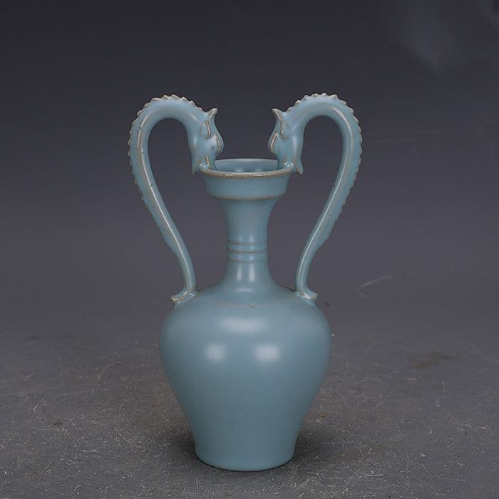 宋汝窯手製青釉支釘双龍尊瓶 景徳鎮 陶磁器 装飾品 現代工芸品 美術品 置物