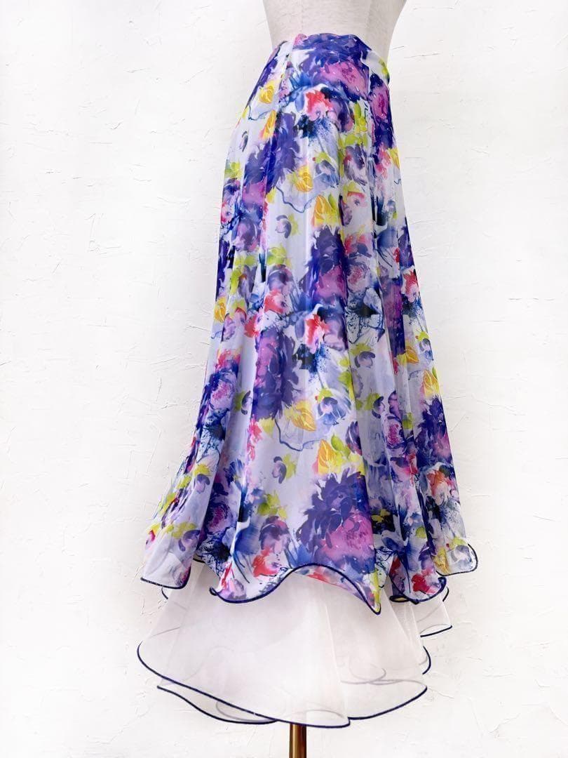 【花柄】新品 社交ダンス用裾オーガンジー 　ロングフレアスカート淡パープルｐ27