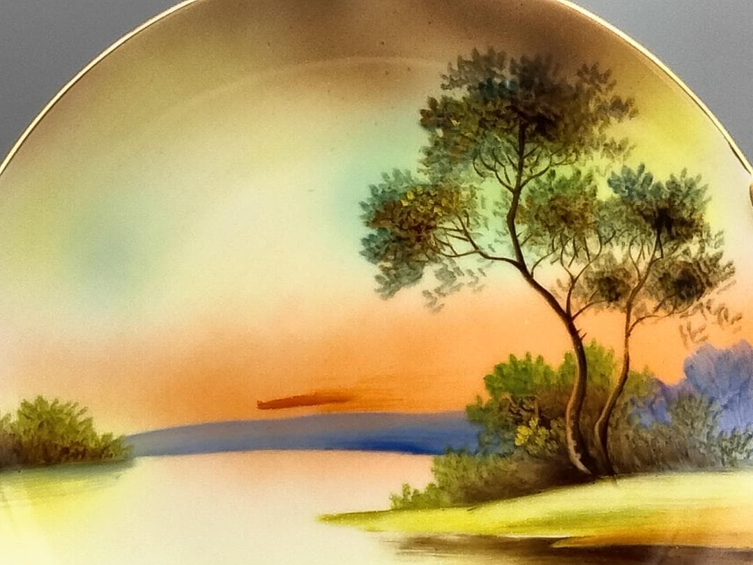 オールドノリタケ　ツリー イン ザ メドウ　金縁　ダブルハンドルケーキプレート