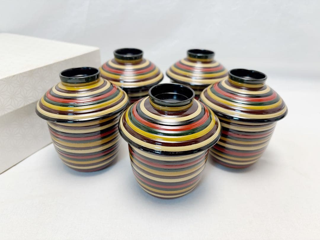 未使用 懐石道具 木製 独楽 箸洗 5客揃 内黒 小吸物椀 和食器 紙箱