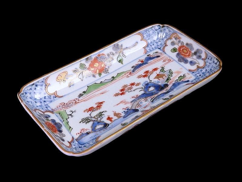 古伊万里　染錦　山水牡丹菊紋　長皿　柴田コレクション同手　E406AS-DBs