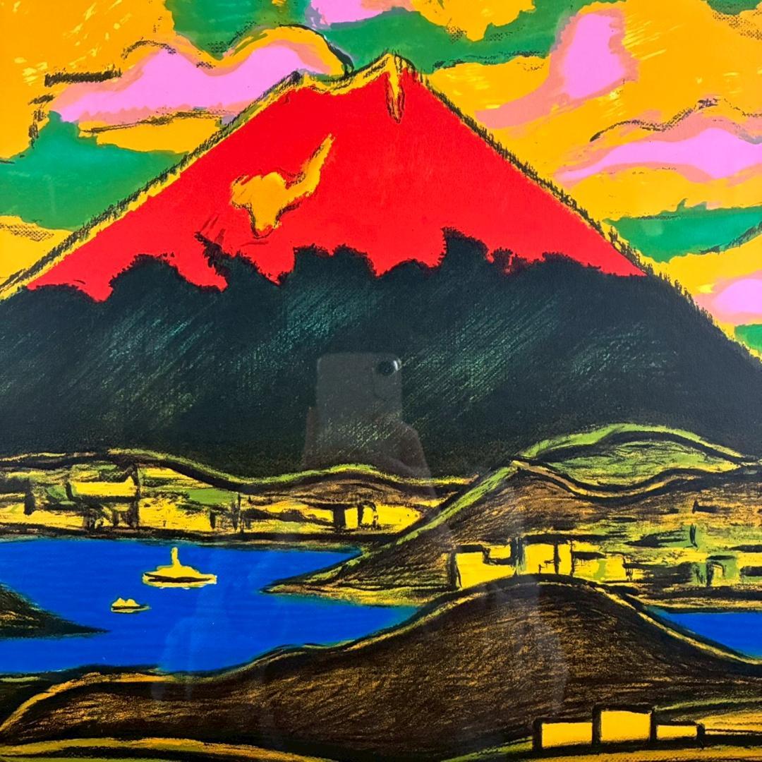 【タンちゃん】美品 田崎廣助「朱不二」リトグラフ 印章有 豪華額装 赤富士