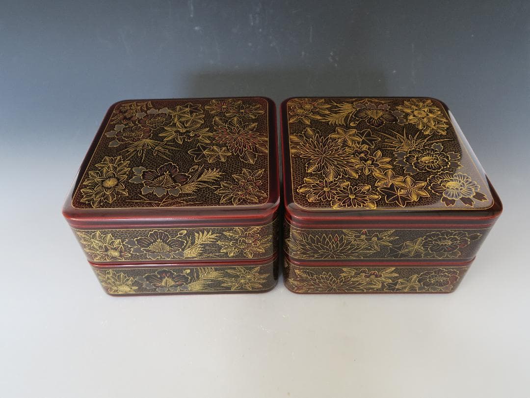 【輪島塗】溜塗 四季草花沈金 二段重 二セット ※底名あり 内朱塗 天然木 共箱