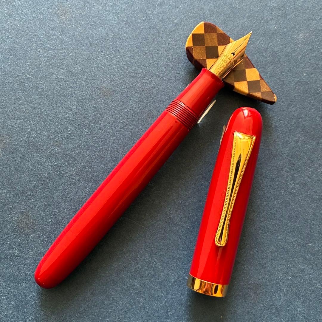 酒井栄助　兜木銀次郎　土田修一　手作り万年筆　朱軸　赤漆