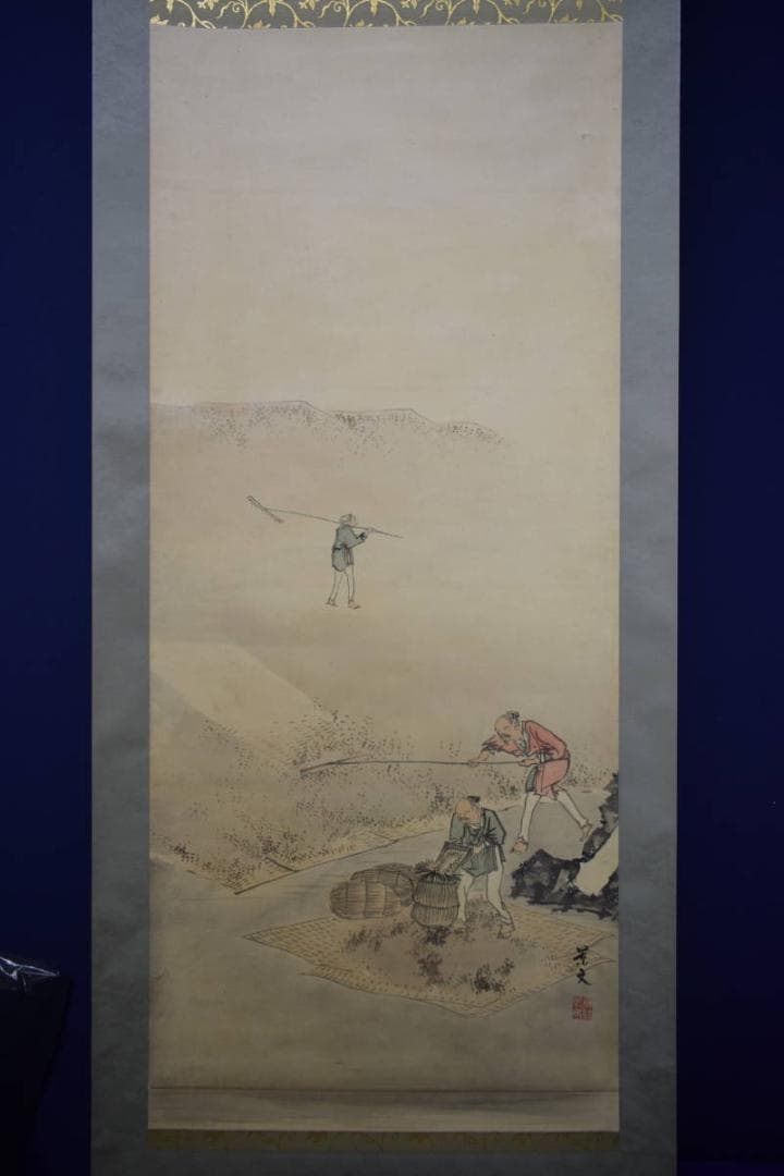 真作/景文/人物収穫図/農耕図/布袋屋掛軸HI-54