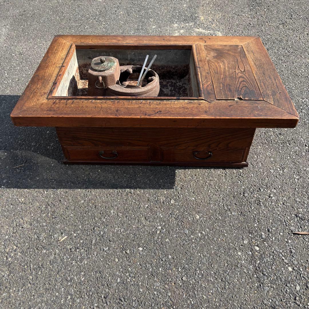 長火鉢　龍文堂酒燗器付　銅蓋　火箸付　囲炉裏座卓 引出し付き　灰付　当時物