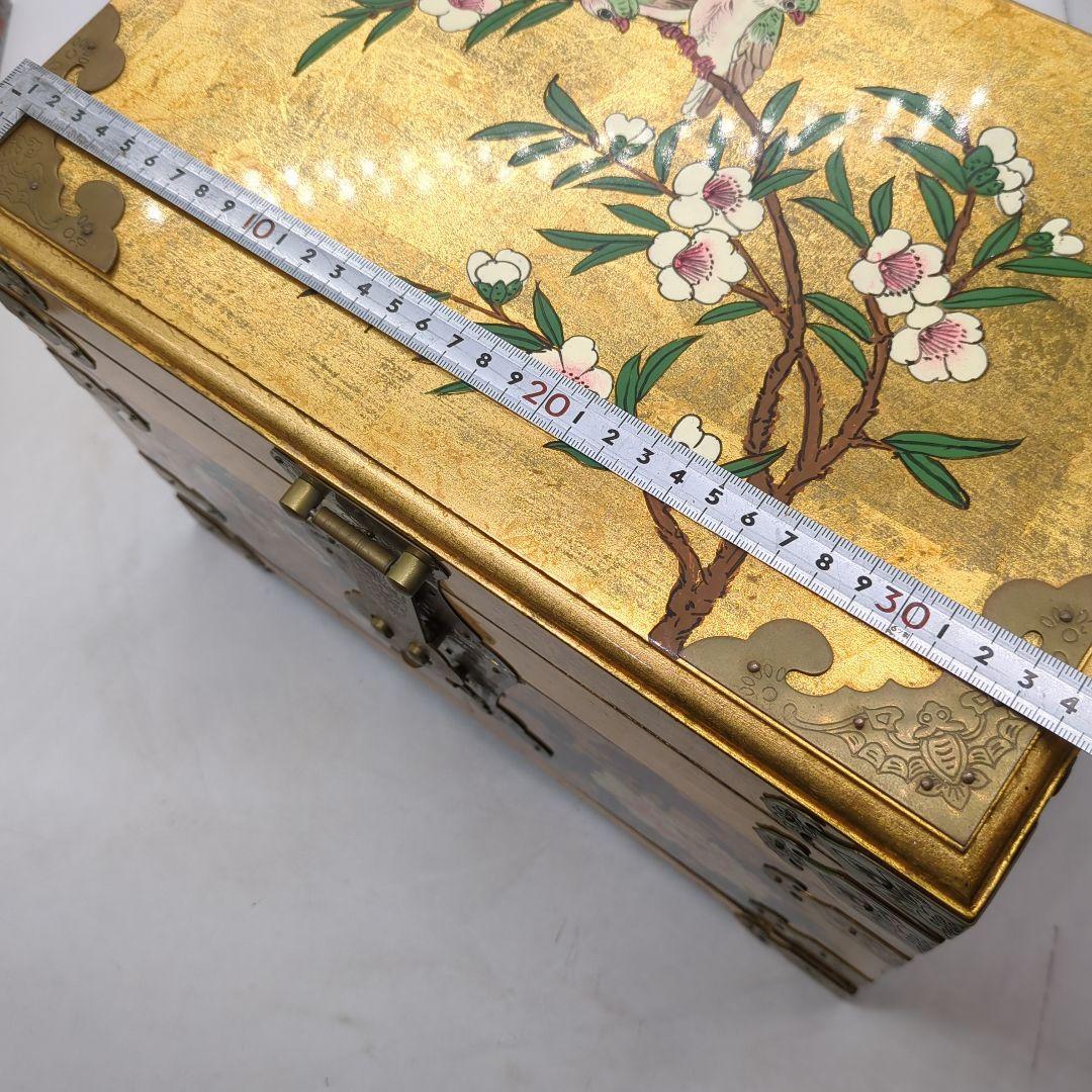 李朝 宝石箱 金箔装飾 花鳥模様 漆塗り　骨董品　時代物　旧家　初出　蔵出