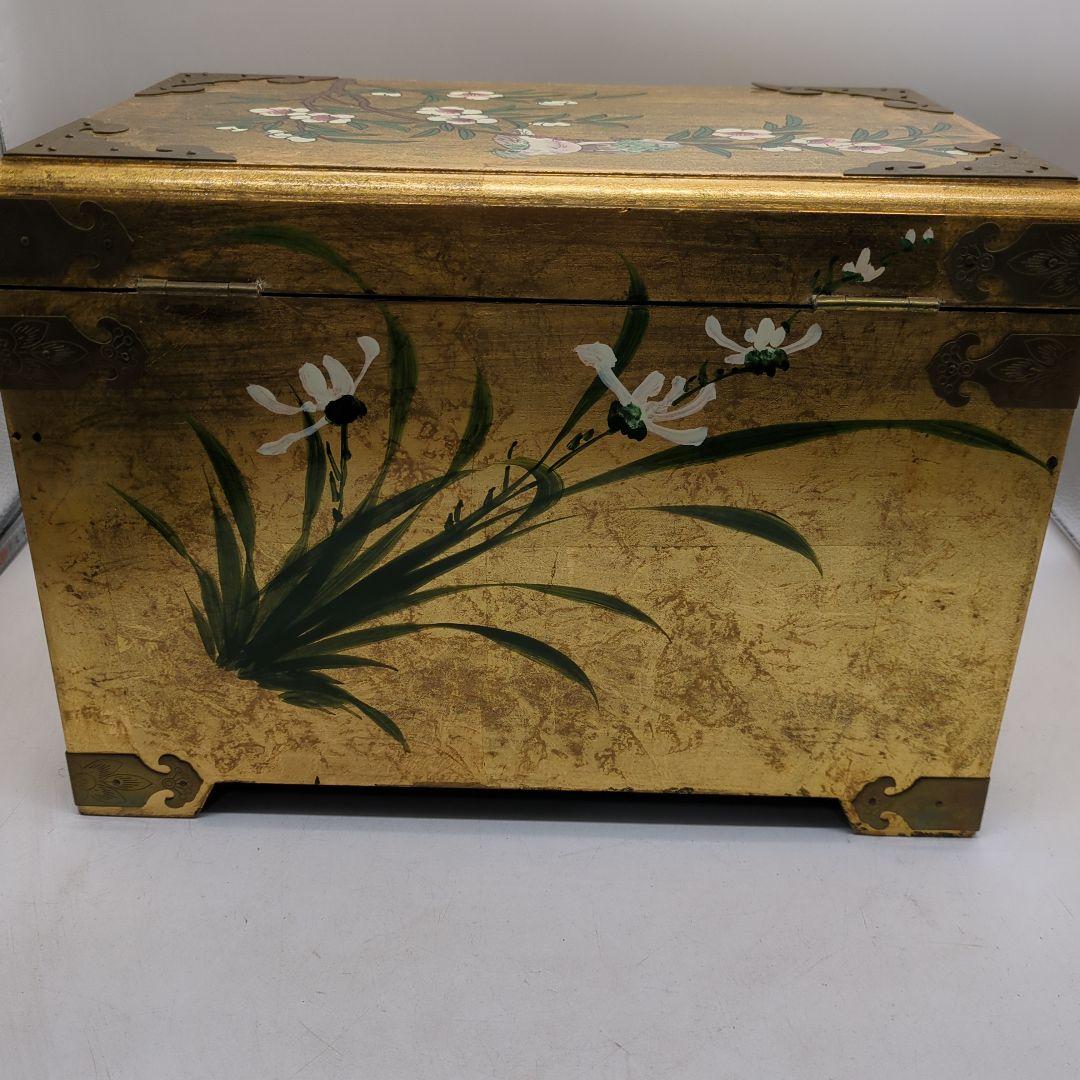 李朝 宝石箱 金箔装飾 花鳥模様 漆塗り　骨董品　時代物　旧家　初出　蔵出