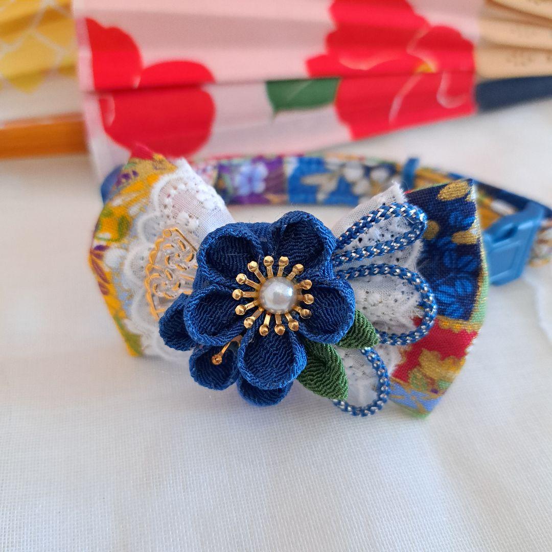 シングルリボン、和風つまみ細工(青)わんちゃん猫ちゃん用首輪