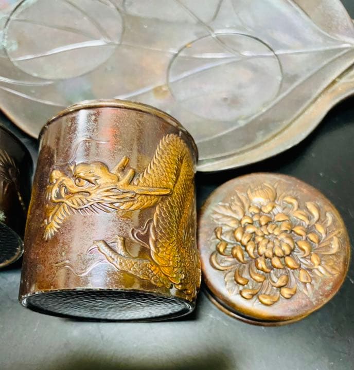 Occupied Japan 超希少灰皿セット　龍柄　銅製　ビンテージ