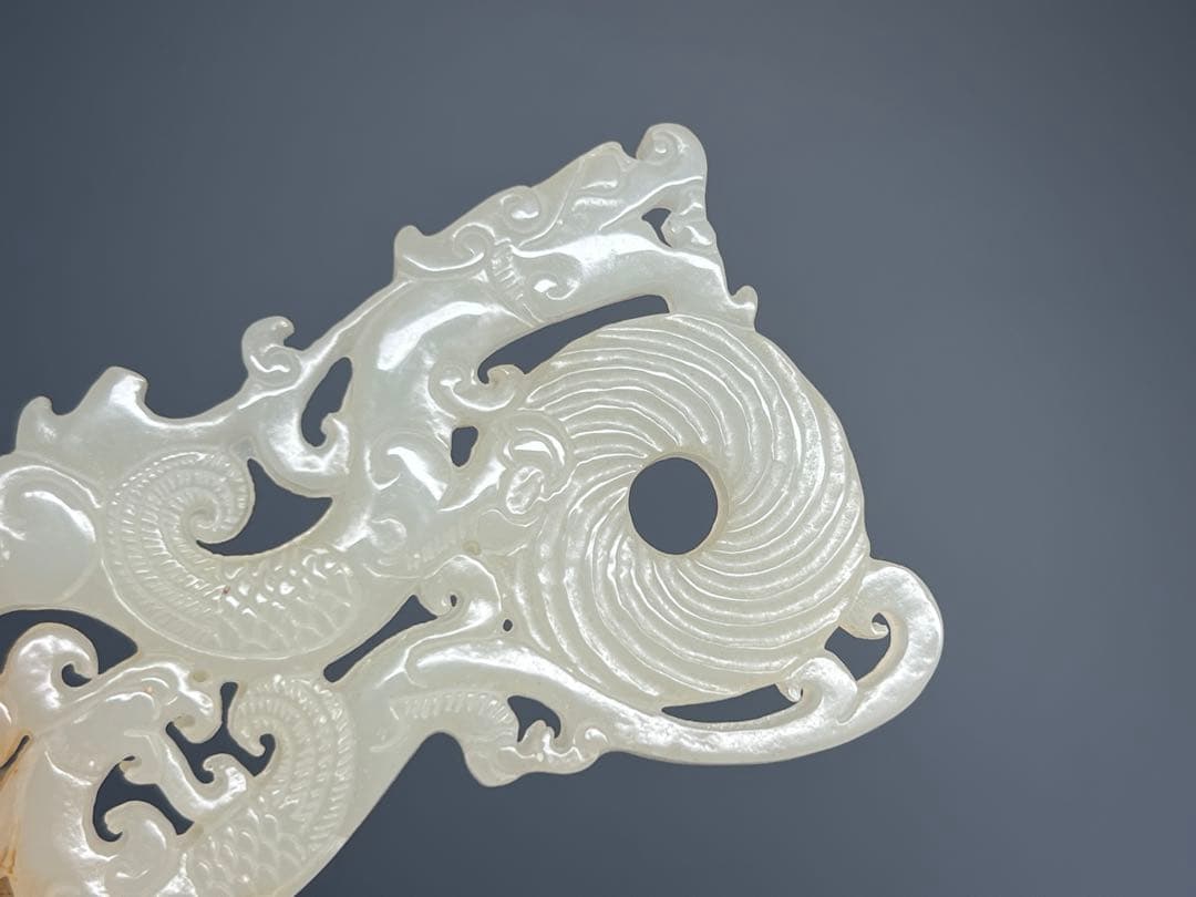 中国古美術　本物和田玉　根付　玉璧　龍鳳紋　旧蔵　コレクション　透かし彫り