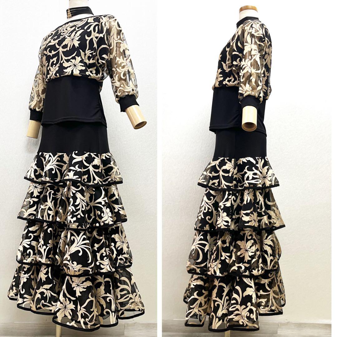 新品 社交ダンス セットアップ 黒地にゴールドプリント ドルマンスリーブ