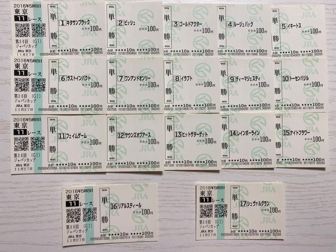 第36回 ジャパンカップ 全馬単勝馬券 キタサンブラック