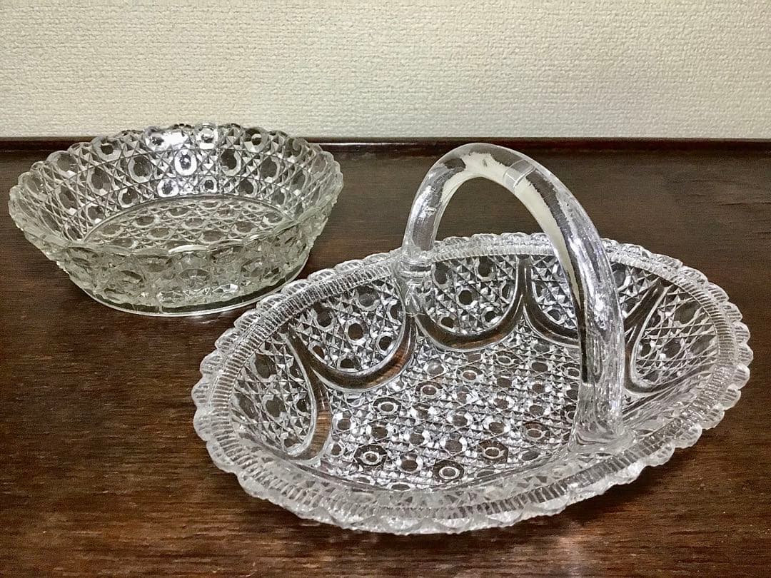 和ガラス◆ガラス鉢 2点◆大正ロマン アンティーク オーバル 取手付き