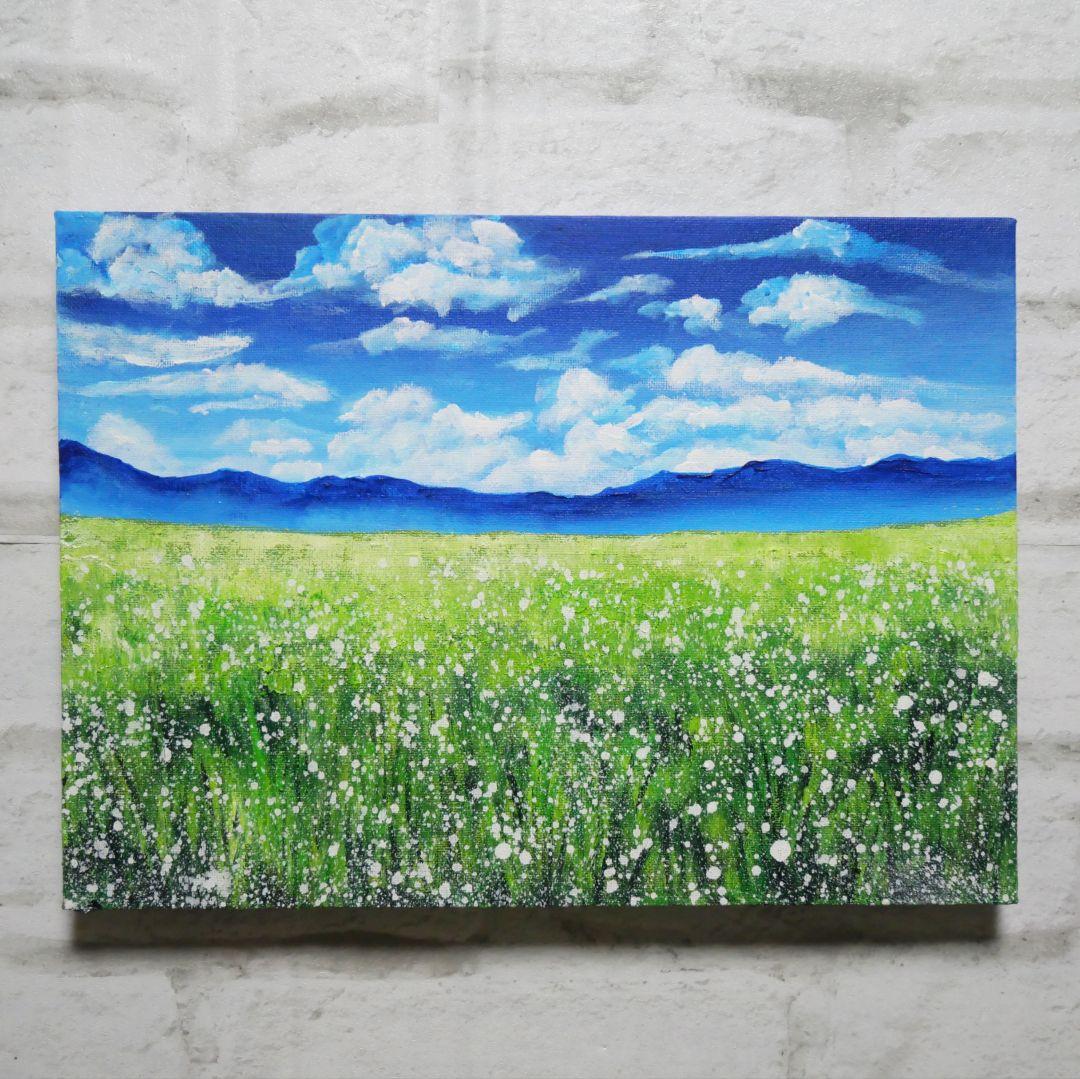 油絵 油彩 油彩画 絵 絵画 【草原に咲く白い花】