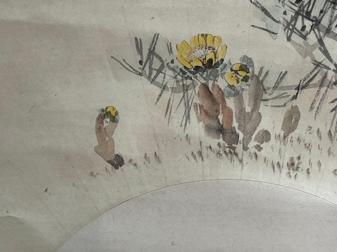 中村左州筆　若松福寿草扇面　紙本肉筆　掛軸　送料込み251030