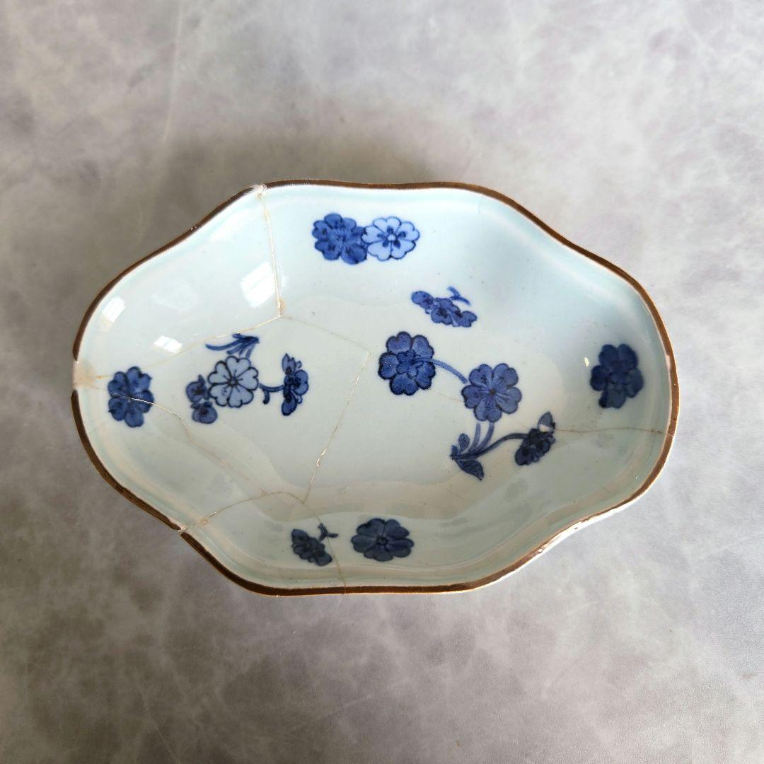 古伊万里　藍柿手　染付　向付　桜　江戸時代　骨董　金直し　金継ぎ　アンティーク
