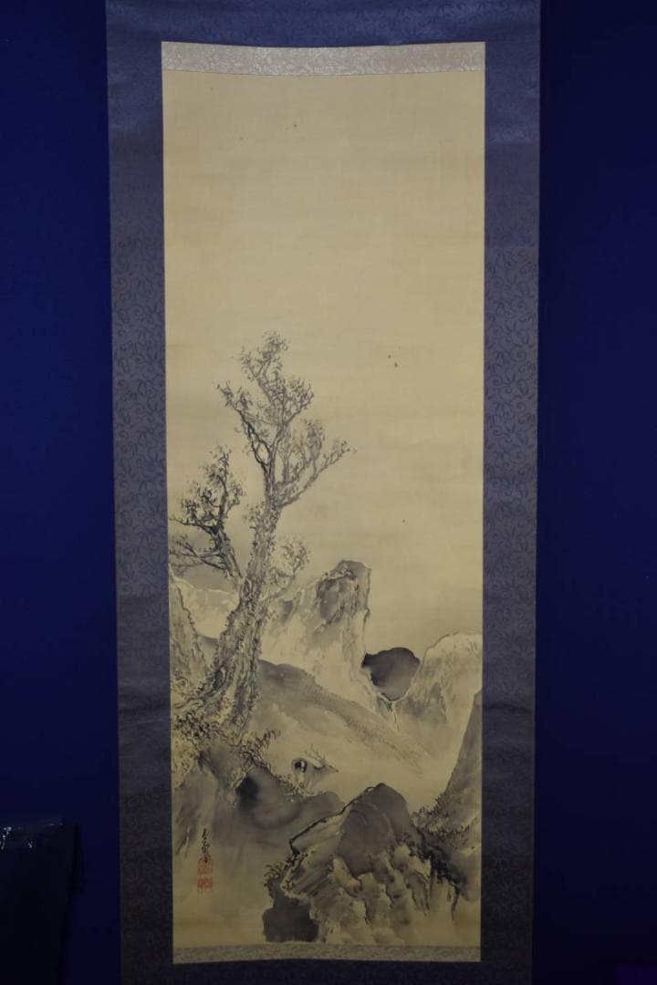 真作/春隣/山水鹿図/布袋屋掛軸HI-133