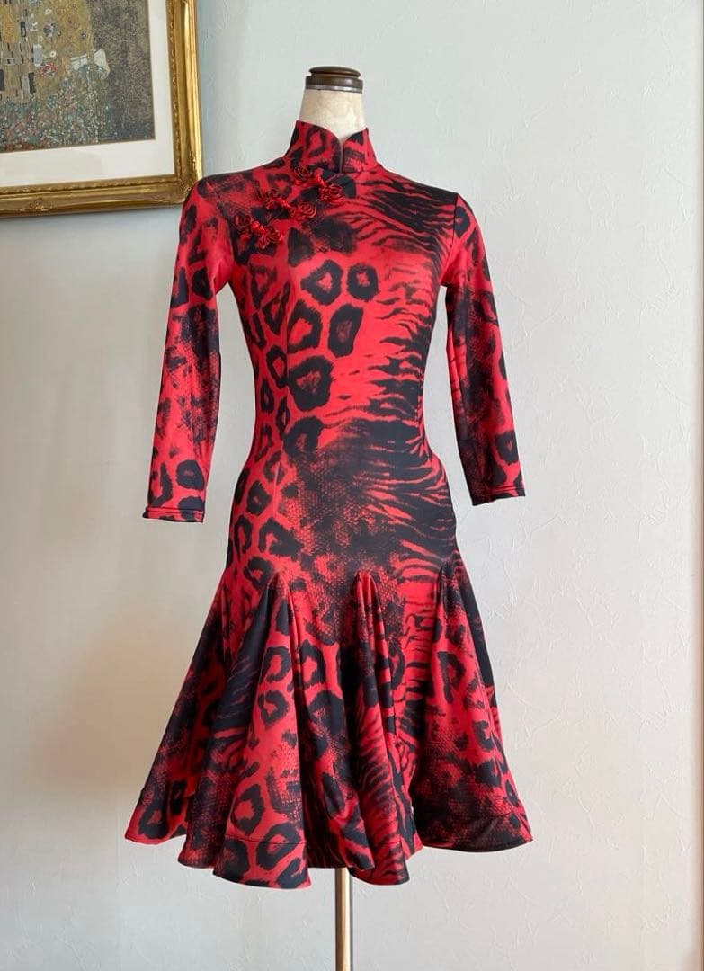 お値下げ【社交ダンス用ドレス】赤黒ヒョウ柄*デモ*レッスン★ラテン★Mサイズ