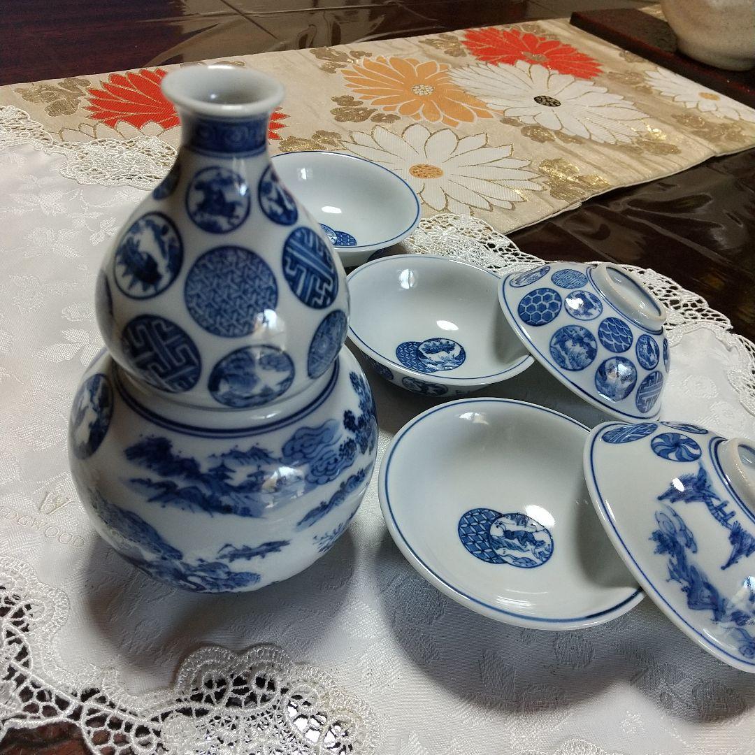 希少品　京焼　清水焼　北村賀善　祥瑞丸紋　徳利と盃　5客