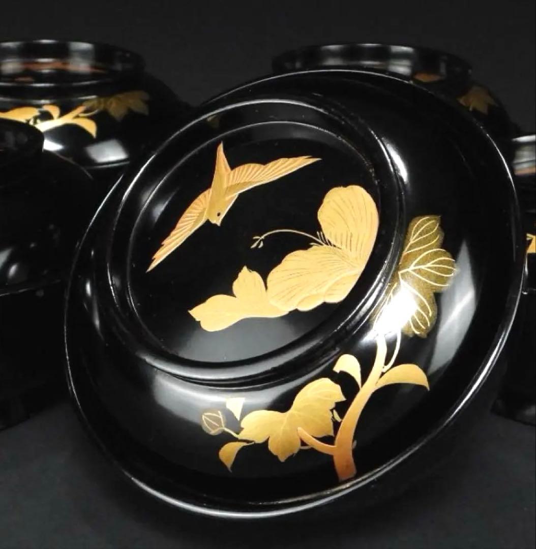 輪島塗 花鳥紋 金蒔絵 吸物椀 5客 蓋碗 漆芸 漆器