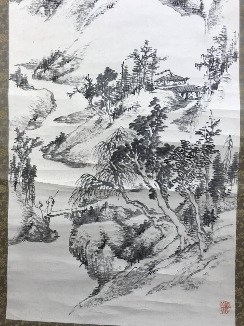 【真作】児玉果亭/皆渓訪友画賛/山水図/掛軸☆宝船☆AD-591