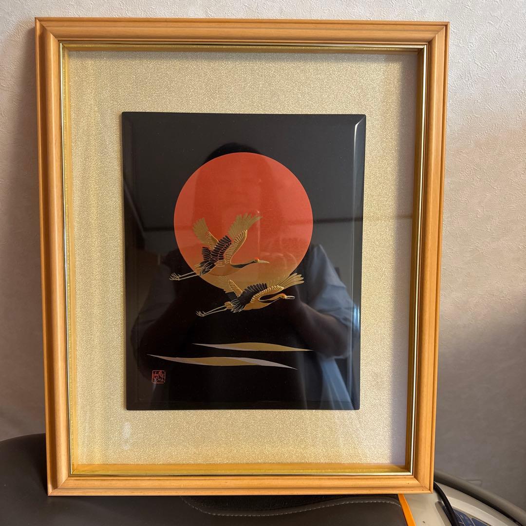 輪島塗　額　鶴と赤い太陽の漆芸アート