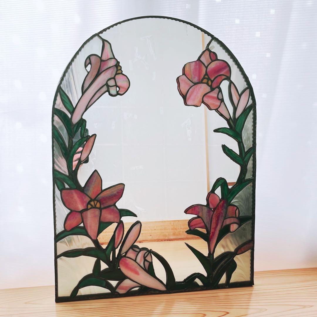 ステンドグラス　鏡　ミラー　百合