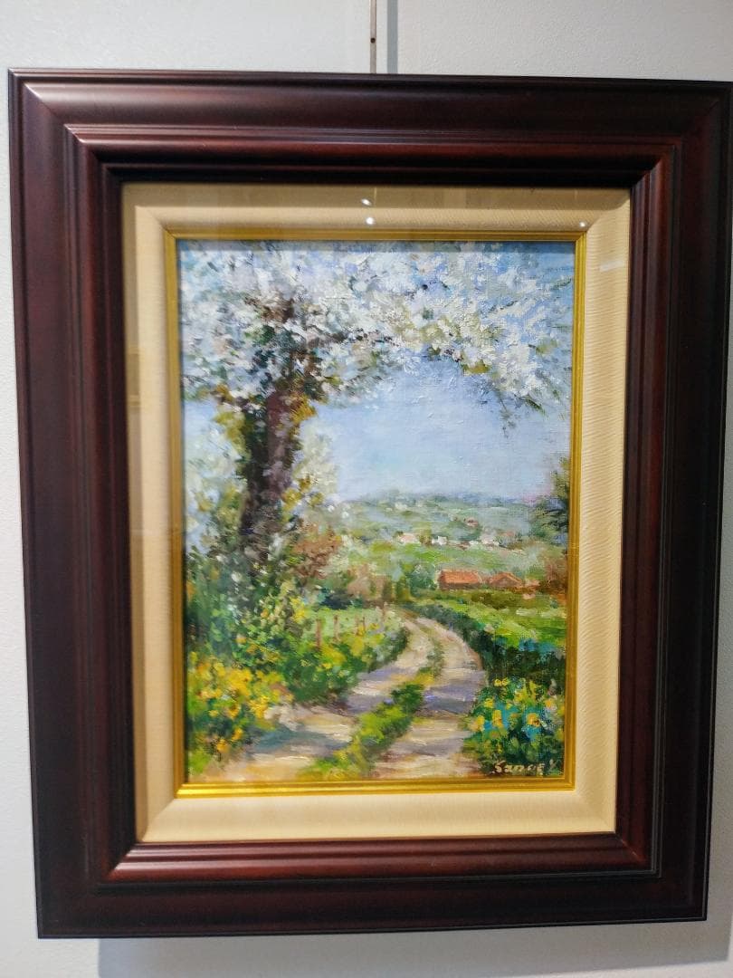 油絵　「コッツウォルズの春」額付　F4号　真作