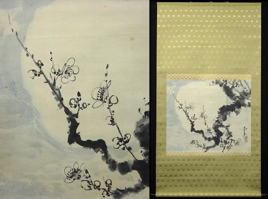 【真作】掛軸 大平華泉『梅月』日本画 紙本 肉筆 共箱付 掛け軸 p02073