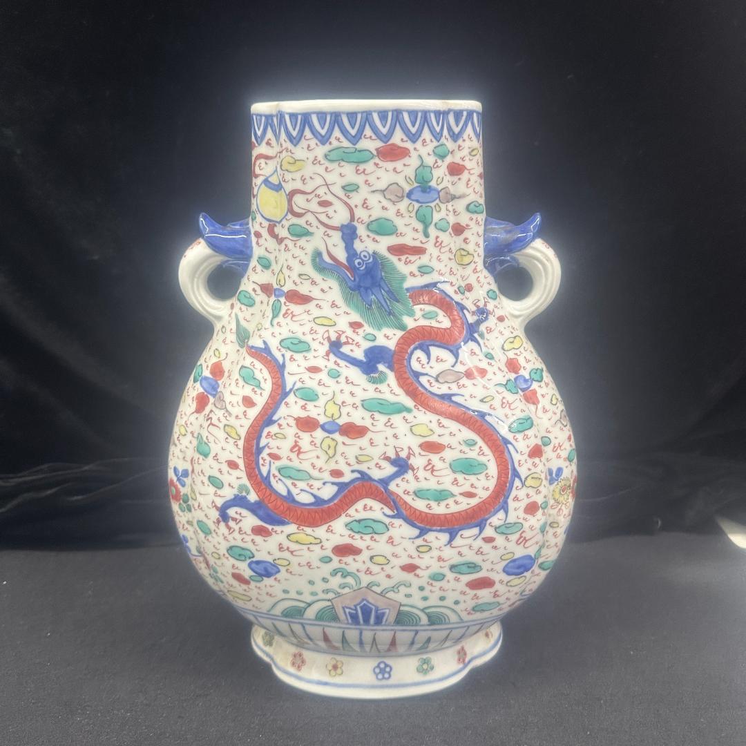 萬暦赤絵龍の図双耳瓶 明時代 花瓶