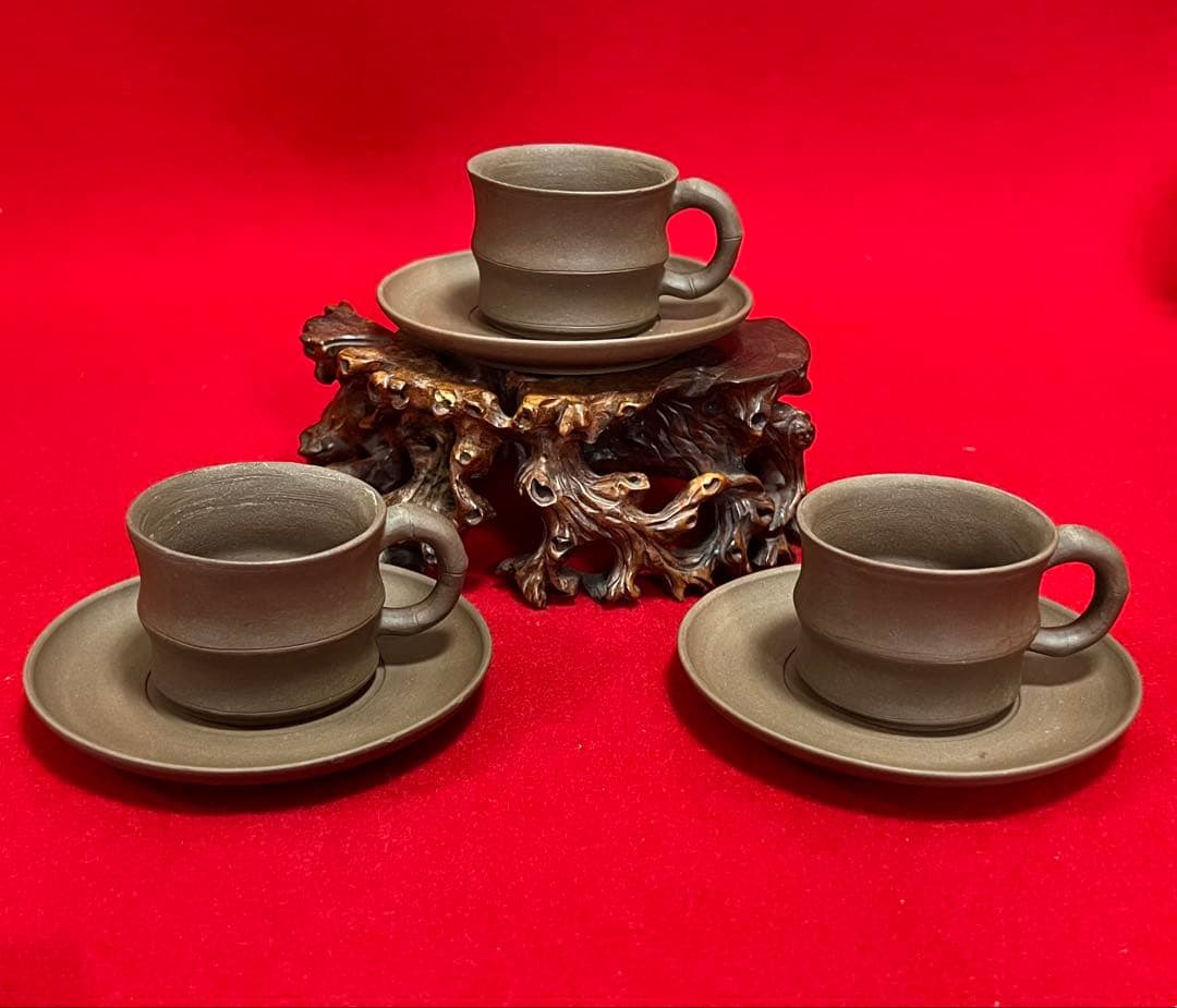 希少 中国美術 中國宜興紫砂 竹節紋樣 茶道具 カップ&ソーサー