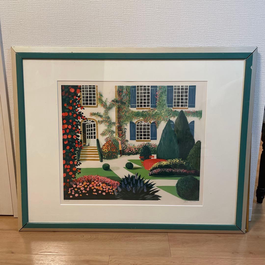 アラン・ボネック テラス　赤いテーブルクロス　リトグラフ