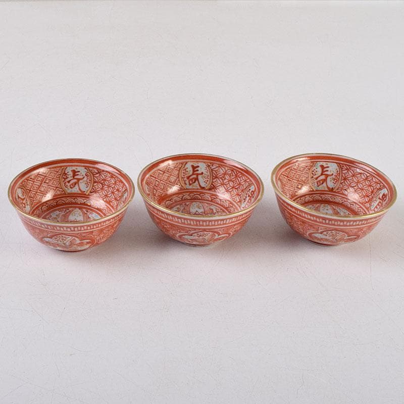 りんぞう　九谷焼　古九谷　赤絵　盃　ぐい呑　三客　時代箱　M　R9325