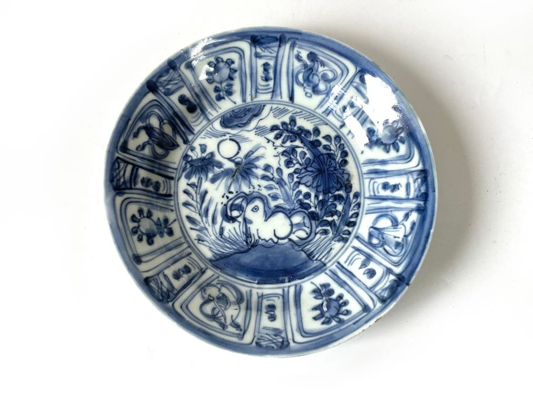 骨董　アンティーク　染付　古染付　芙蓉手　月 うさぎ　兎　七寸皿