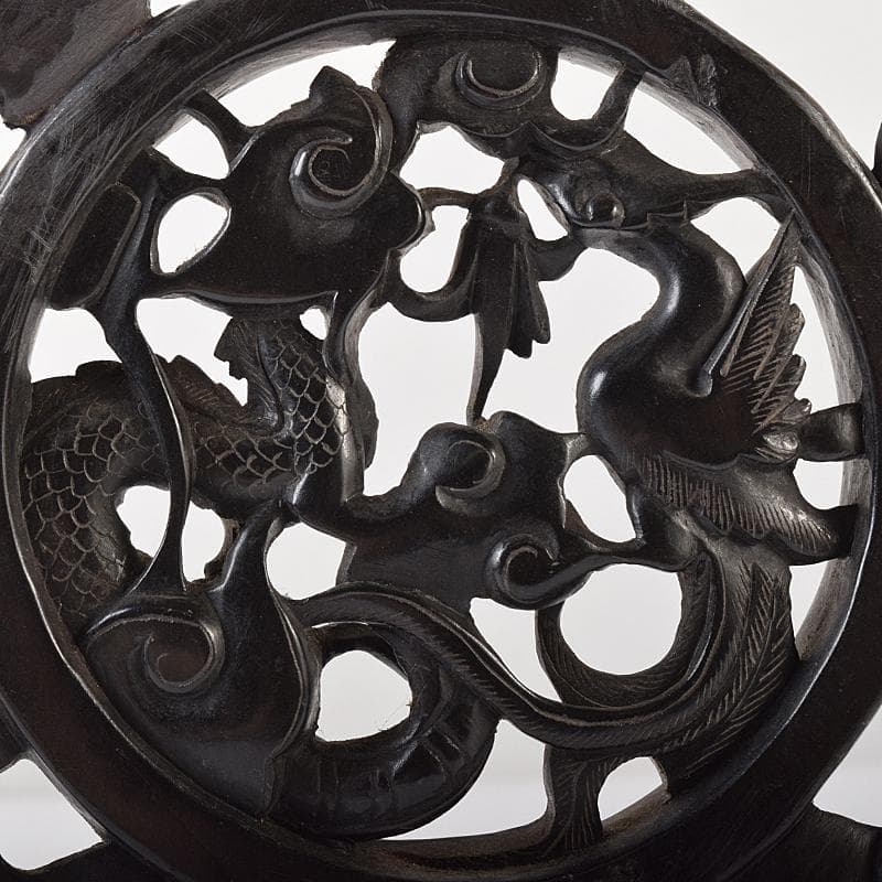 中国　玉石黒石彫刻　鳳凰文透かし彫　硯屏　床飾　置物　時代箱付　C　R8364