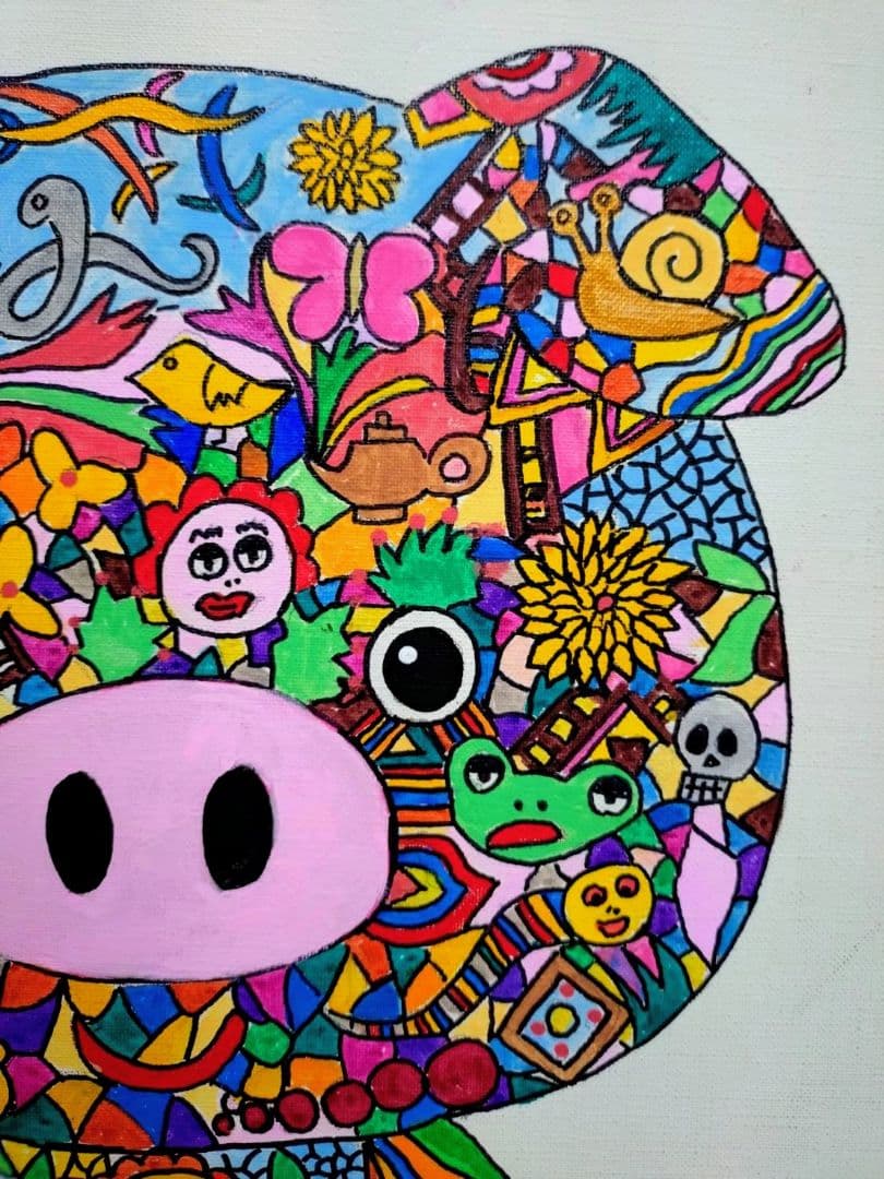【F6号】ジミー大西【Pig】手描き作品/表裏サイン/油彩/アクリル/絵画/額縁